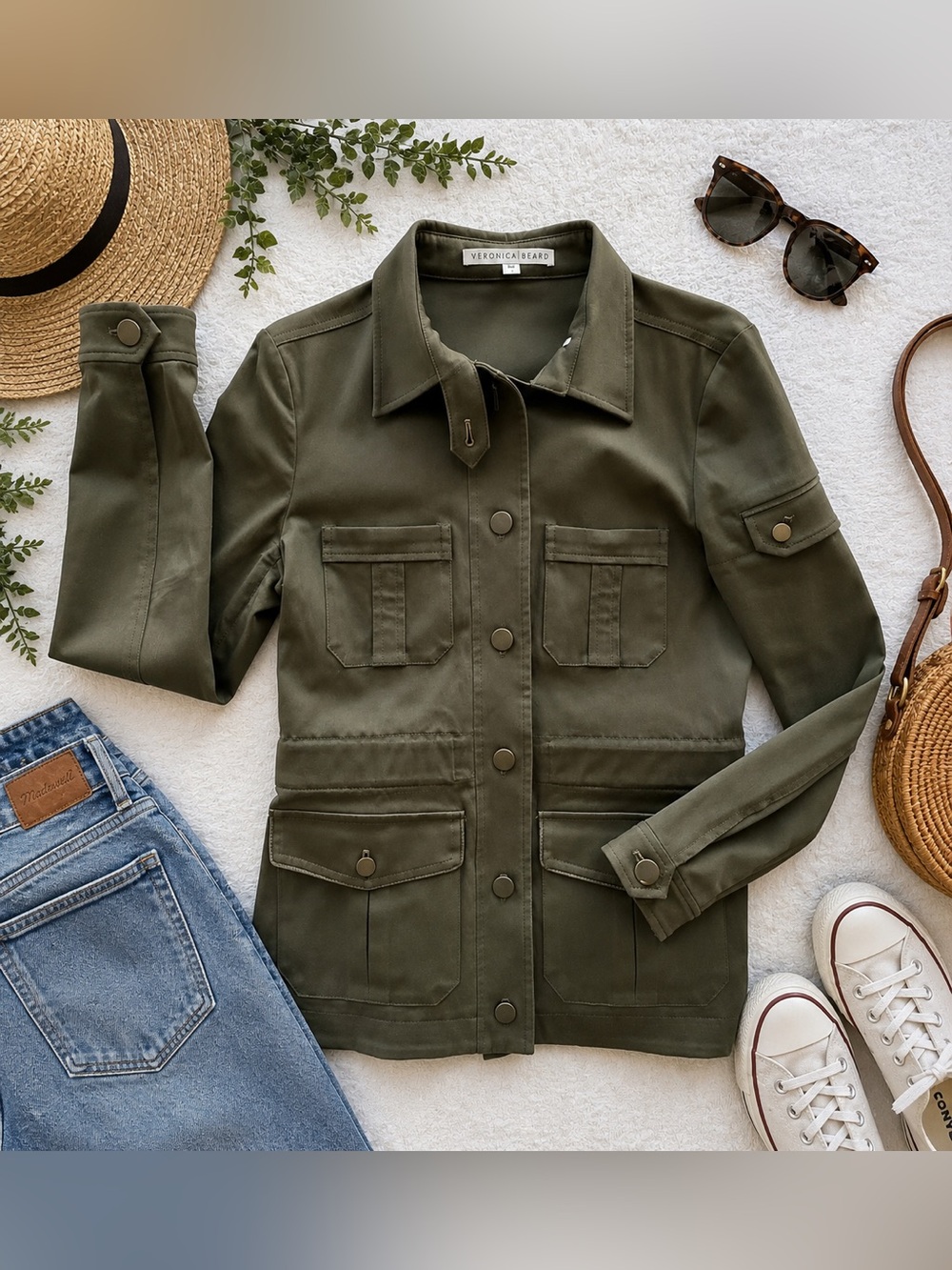 Veronica Beard Olive Utility Safari Jacket Belted Stretch Cotton Lyocell Size 6